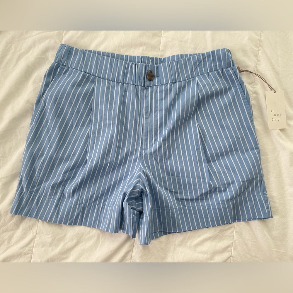 A new day Blue and white vertical striped peplum high rise coastal beach shorts